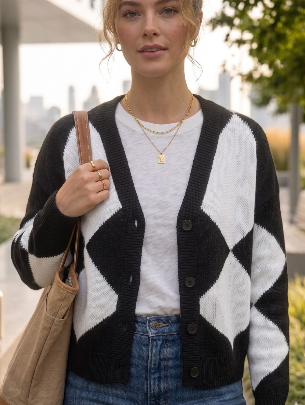 Elan Black And White Diamond Geometric Argyle Knit Button Cardigan Sweater
